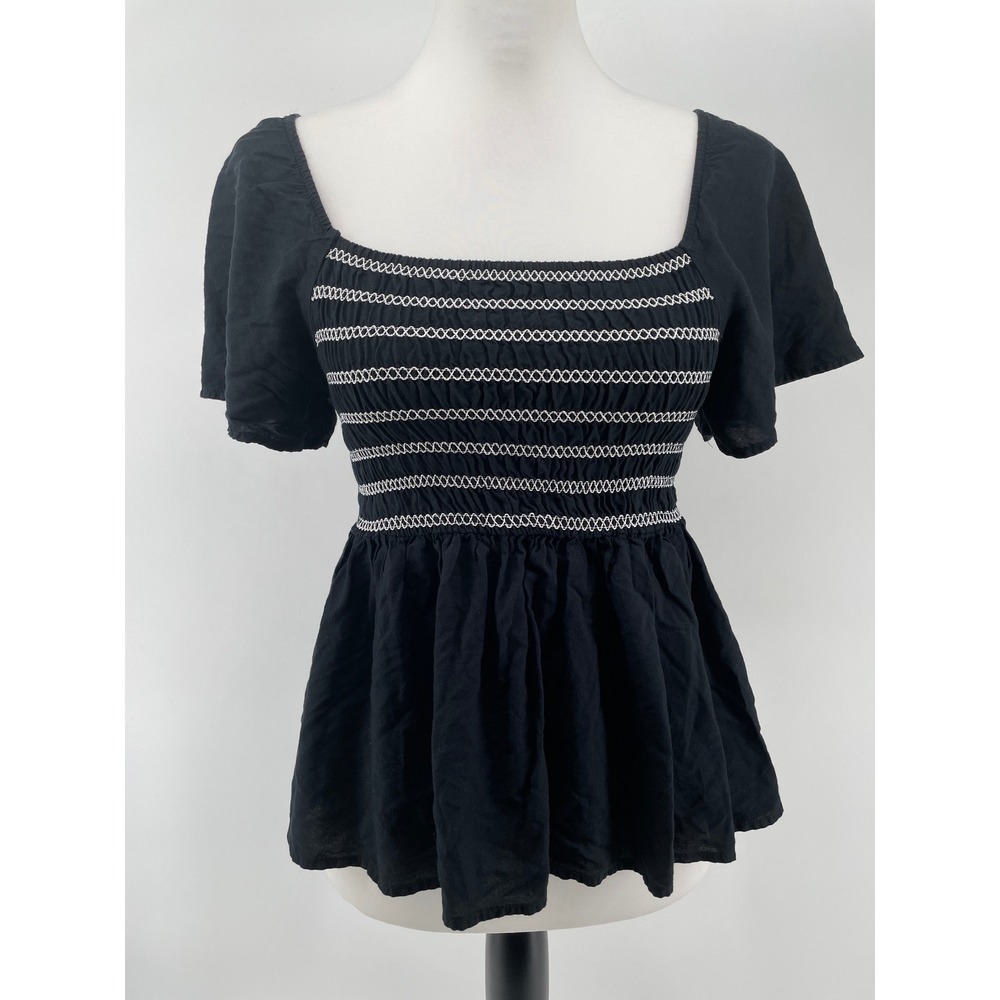 Smocked Peplum Top Womens XS Black‎ White Cottagecore Romantic Boho Artsy Indie